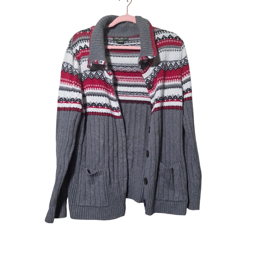 Eddie Bauer Tall Merino Wool Blend Fair Isle Ribbed Cardigan Sweater Grey Red TL